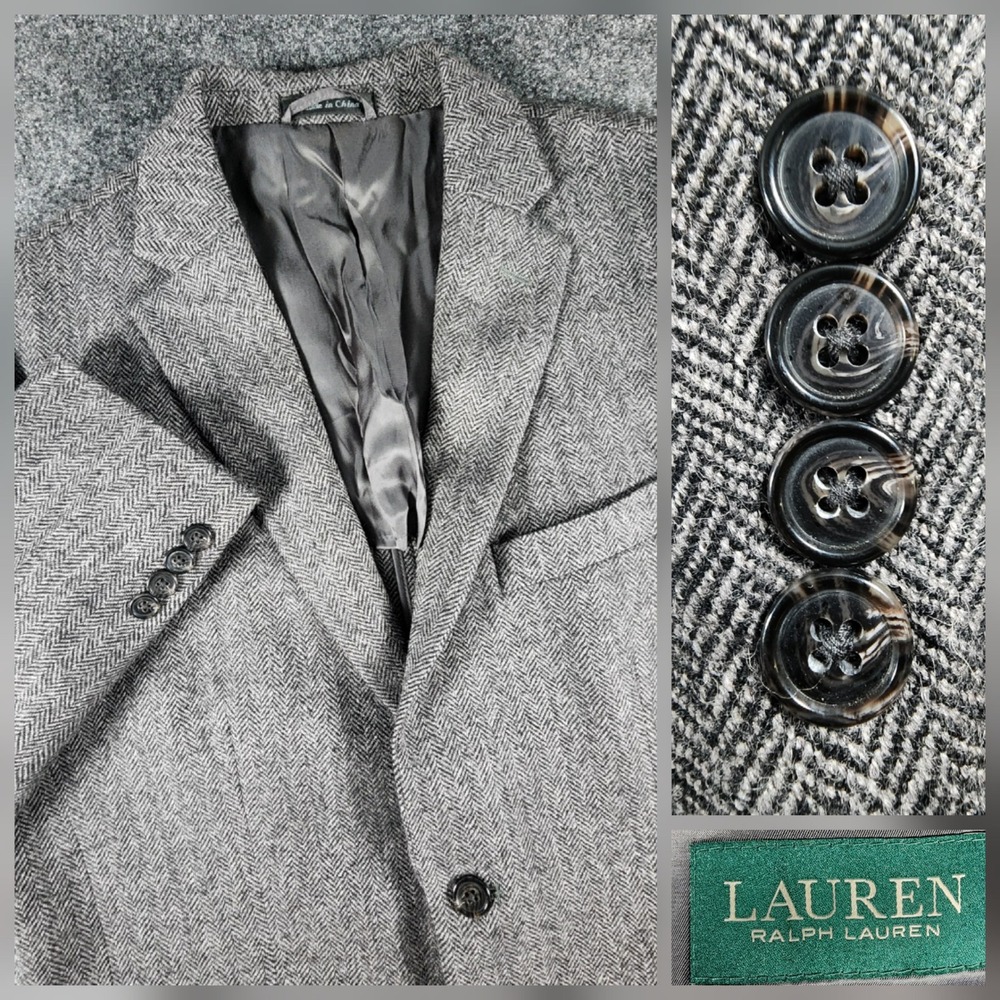 Lauren Ralph Lauren Sport Coat Mens 40L Grey Herringbone 100% Wool Blazer Jacket